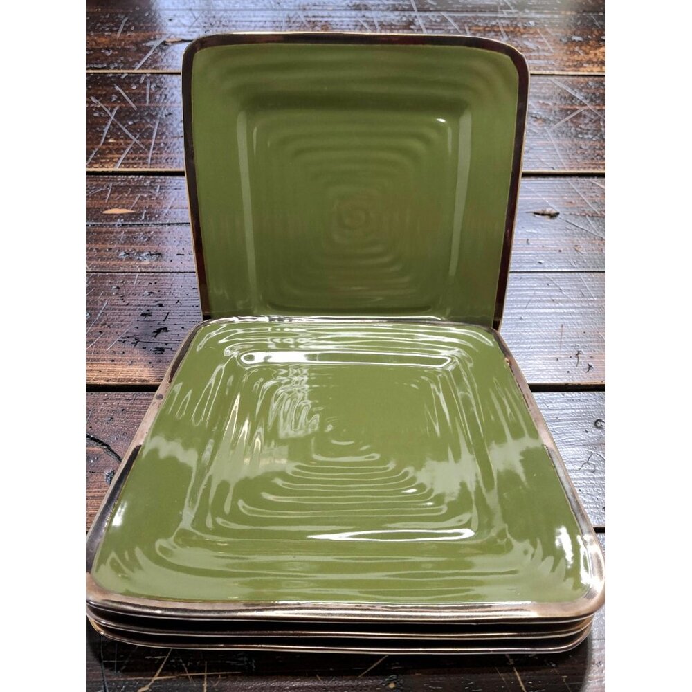 vintage rare 4 mesa home products avacado green gold trim square dinner plates.